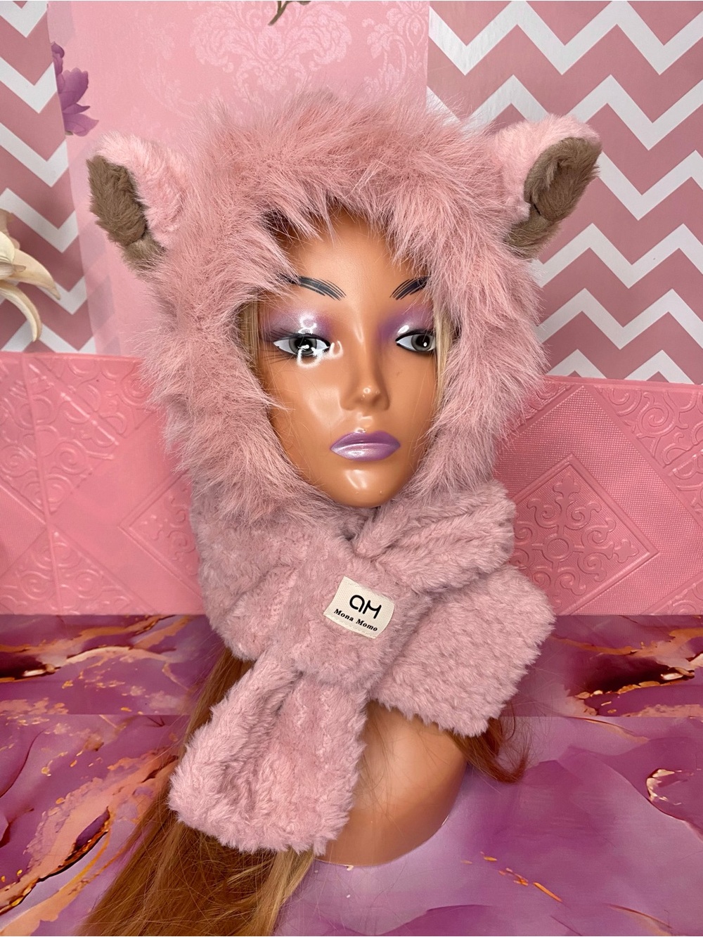 🎀🌷 Plush Pink Faux Fur Animal Ears Hood Scarf 🌷🎀 NWT